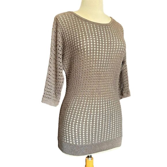 Express Brown & Gold Metallic Open Knit Loose Knit Sweater Sz S Boho Cottagecore - Picture 2 of 5